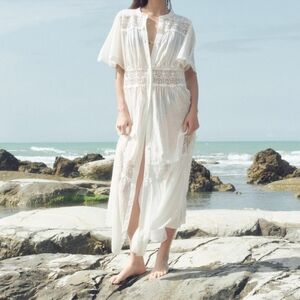 H&M Lace-inset Cotton Maxi Dress Tiered Woven Unlined/See Through White  NWT